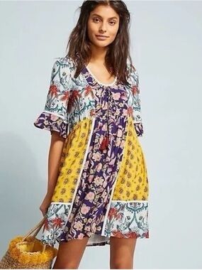 Anthropologie Mixed Floral Patchwork Mini Dress in Yellow & Purple